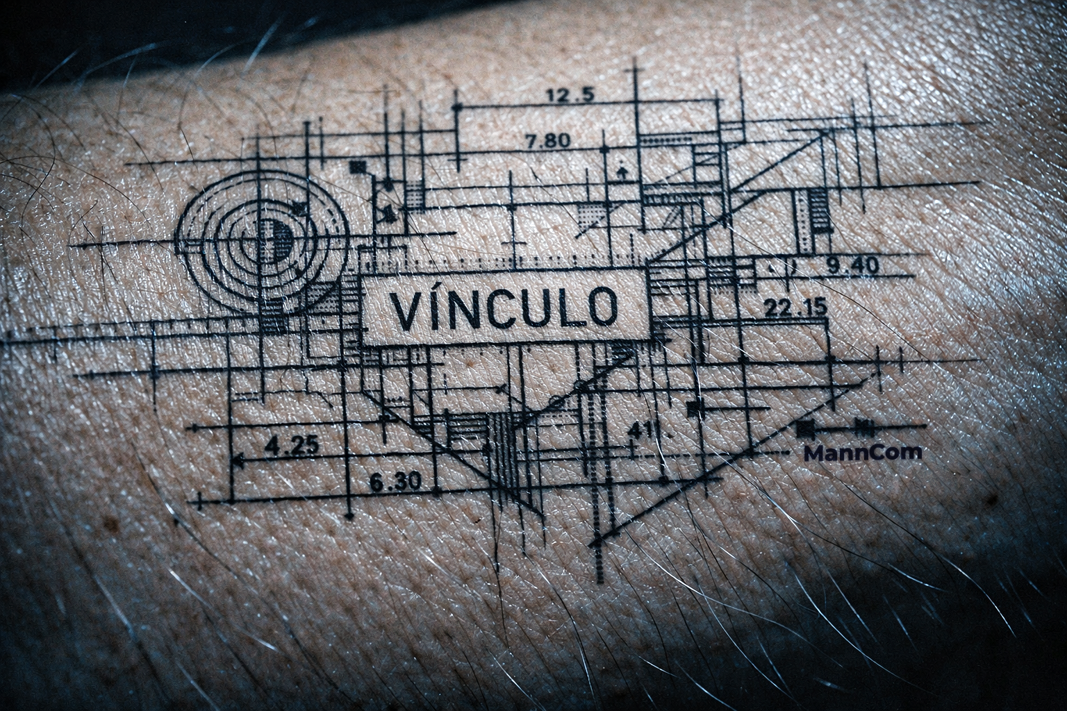 Tatuaje de un plano donde se destaca la palabra VINCULAR. Comunicación Estratética | MannCom
